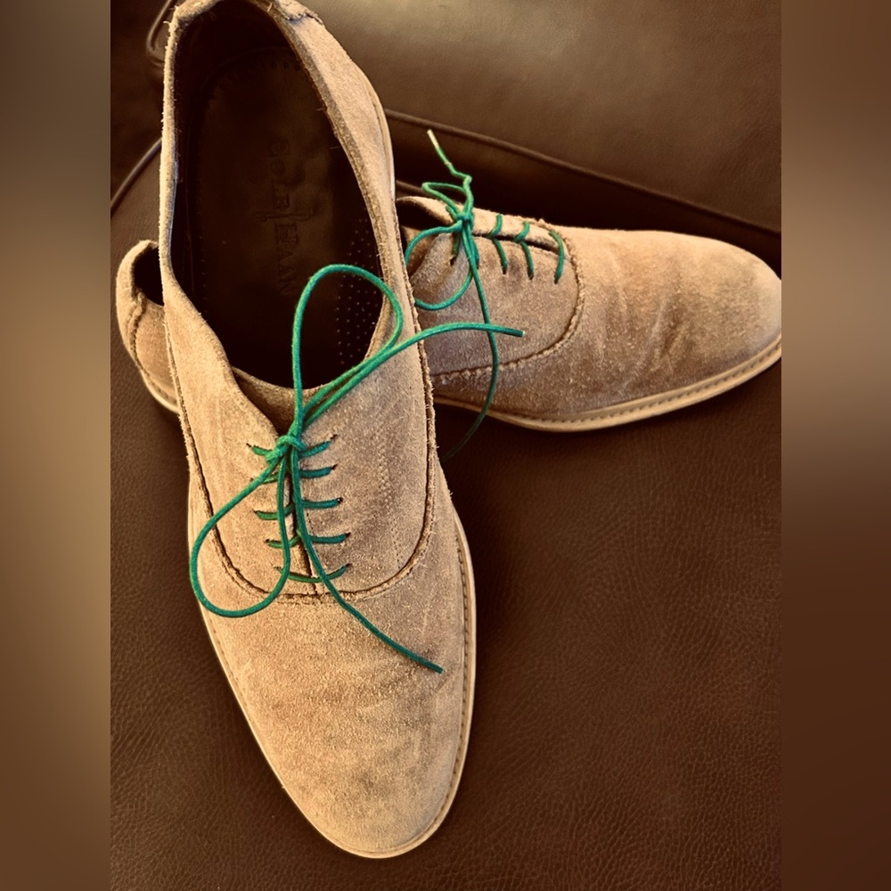 Cole Haan Tan Suede Oxfords with Green Laces